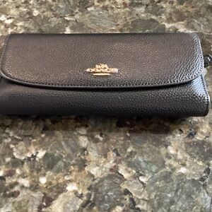 Coach Black Pebbled Leather Continental Wallet with Gold Tone Logo